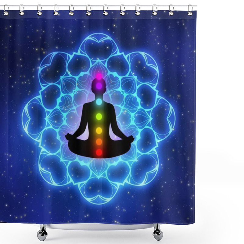 Personality  Meditation Man With Aura, Seven Chakras, And Glow Mandala In The Galaxy Illustration Concept Design Background. Shower Curtains