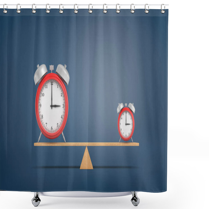 Personality  3d Rendering Of Two Almost Identical Red Alarm Clocks In Large And Small Size Stand On A Balanced Seesaw. Shower Curtains