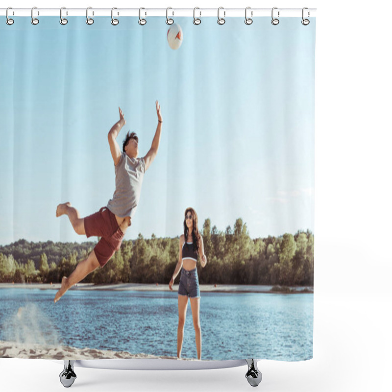 Personality  Friends Playing Volleyball On Sandy Beach Shower Curtains