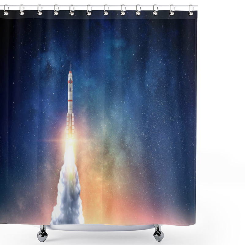 Personality  Rocket Space Ship . Mixed Media Shower Curtains