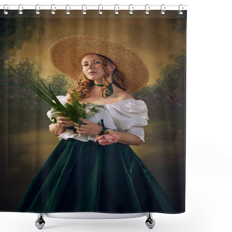 Personality  Portrait Of Beautiful Young Woman In Renaissance Style Clothing Big Hat, Standing With Bouquet With Greenery Against Vintage Green Background. Concept Of History, Comparison Of Eras Shower Curtains