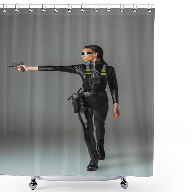 Personality  Attractive Futuristic African American Woman In Glasses Aiming Gun On Grey Shower Curtains