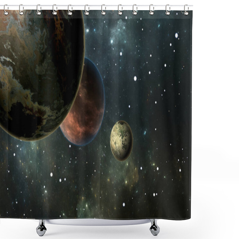 Personality  Exoplanets Or Extrasolar Planets With Stars On Background Nebula, 3D Illustration Shower Curtains