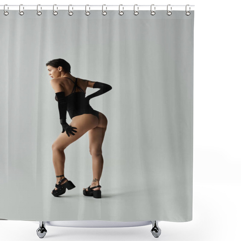 Personality  A Young Woman In Black Lingerie Poses For The Camera. Shower Curtains