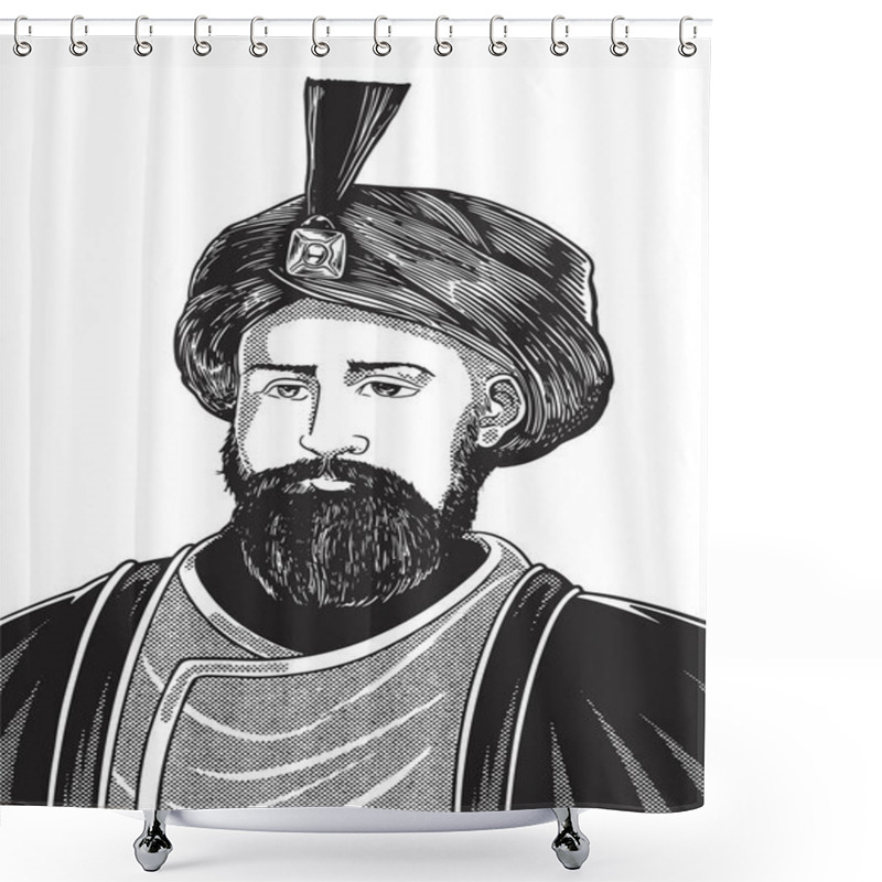 Personality  Ibn Al-Haytham 965-1040 Hand Drawn Engraving Portrait. Father Of Optics And Islamic Scientist. Vector Illustration Monochrome Colors. Historical Figure Drawing. Shower Curtains