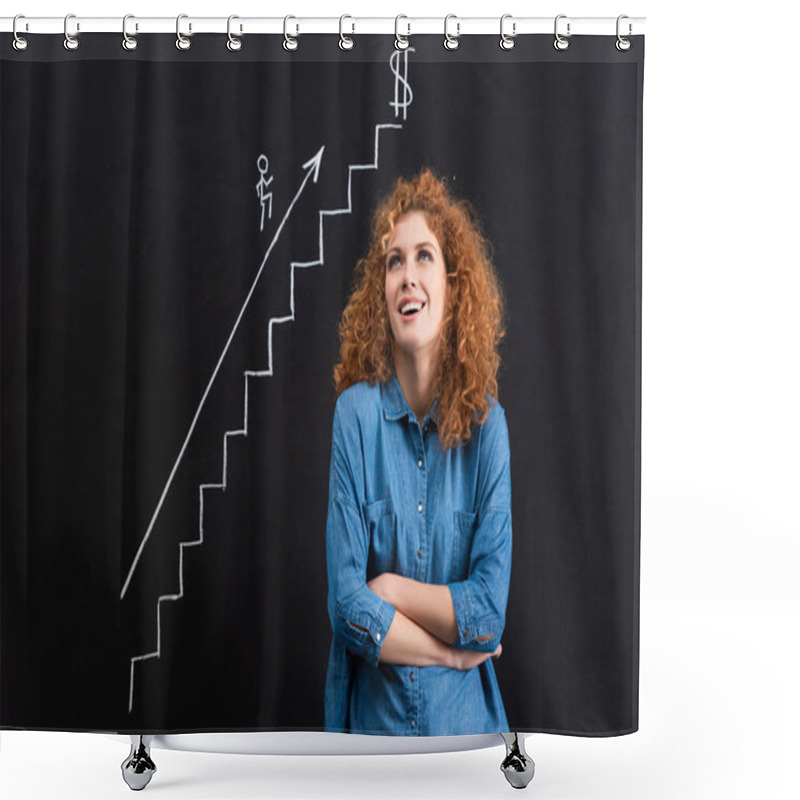 Personality  Smiling Redhead Girl With Crossed Arms, Startup Or Business Growth On Chalkboard Shower Curtains