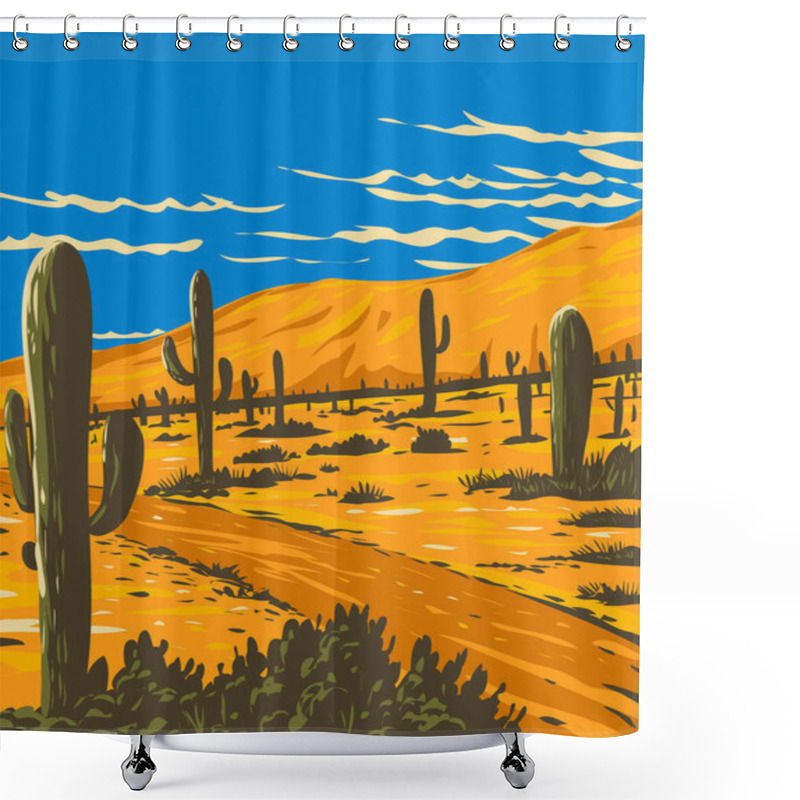 Personality  WPA Poster Art Of Picacho Peak State Park With Saguaro Cactus Surrounding Picacho Peak In Picacho, Arizona, United States Of America USA Done In Works Project Administration Style. Shower Curtains