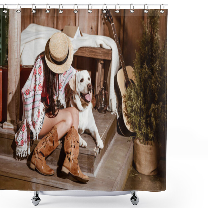 Personality  Woman In Boho Style With Dog Shower Curtains