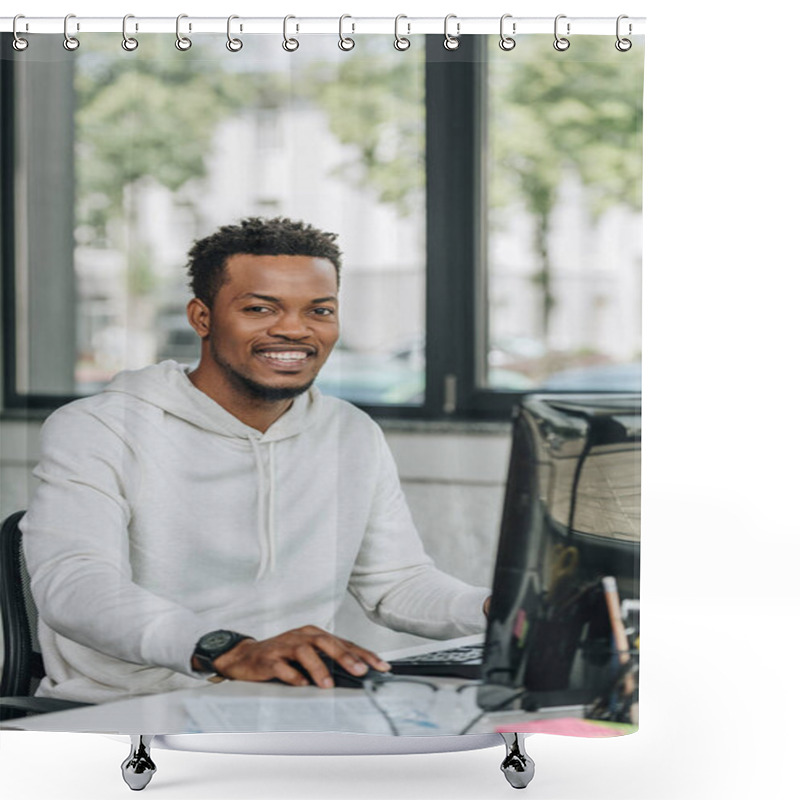 Personality  Happy African American Programmer Looking At Camera While Sitting At Workplace In Office Shower Curtains