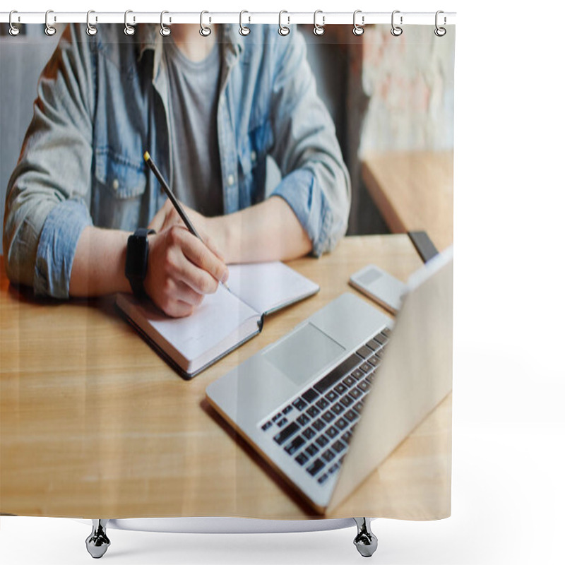 Personality  Young Man Works On The Laptop In The Cafe. Shower Curtains