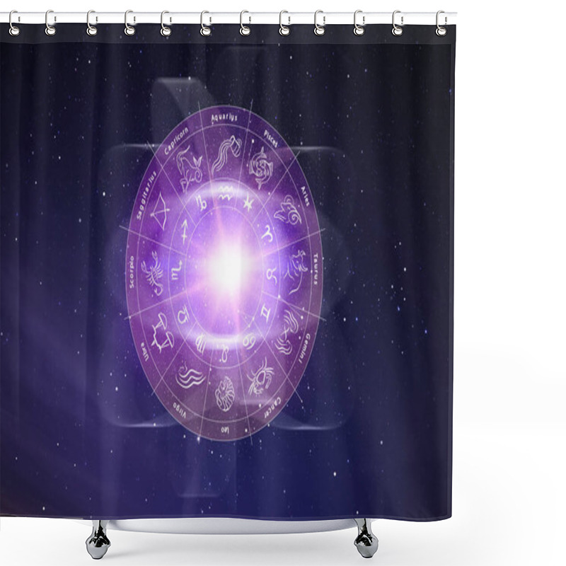 Personality  Zodiac Wheel With Astrological Signs Around Bright Star In Open Space, Illustration Shower Curtains