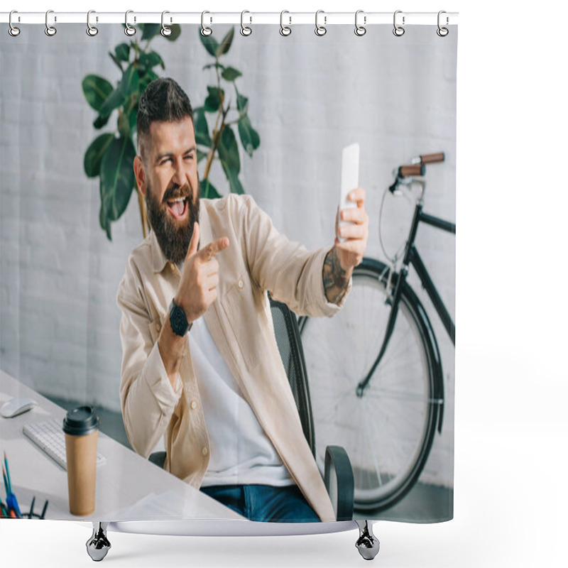 Personality  Bearded Businessman Pointing At Camera While Taking Selfie In Office Chair Shower Curtains