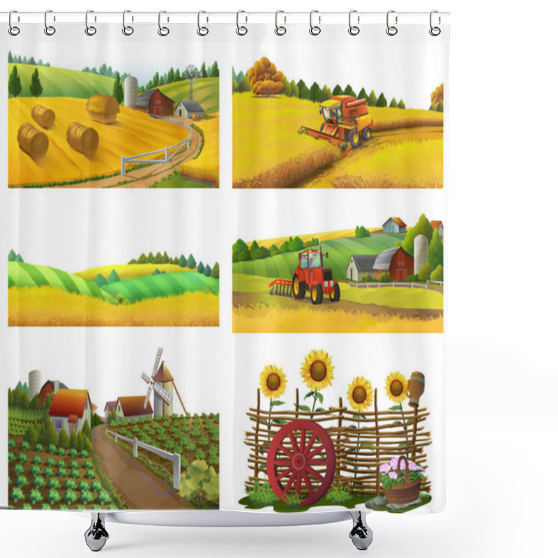 Personality  Farm, Rural Landscape, Vector Set Shower Curtains