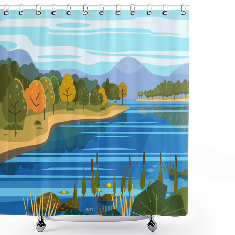 Personality  Landscape River Flowing To Mountains, Hills. Coast Autumn Scenic Forest, Meadows. Vector Illustration Background Poster Banner Trendy Flat Cartoon Style Shower Curtains