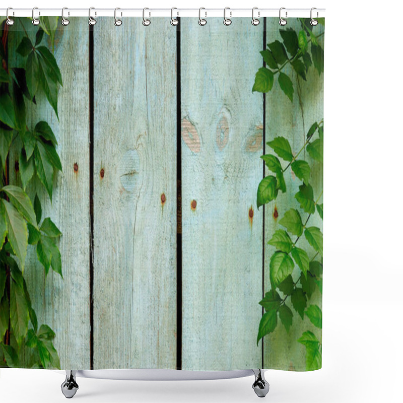 Personality  Full Frame Of Wooden Planks And Green Leaves As Backdrop Shower Curtains