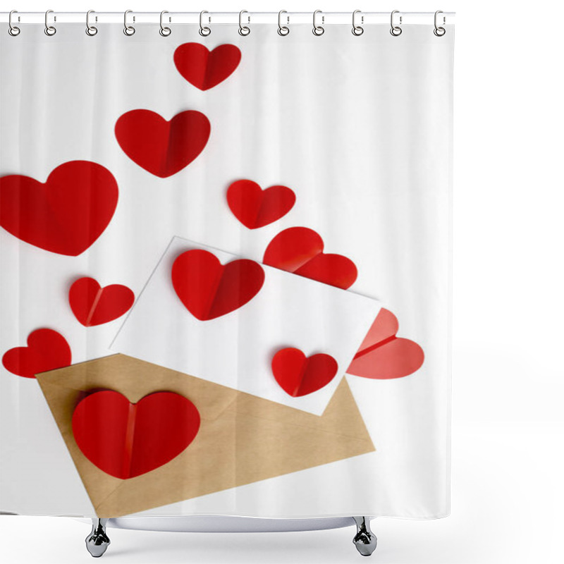 Personality  Greeting Card For Valentine's Day. Envelopes On A White Background And Red Plastic Hearts. Shower Curtains