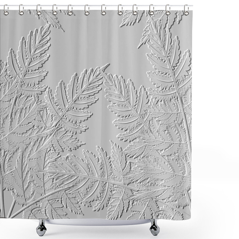 Personality  Textured 3d Fern Leaves Seamless Pattern. Embossed Ornamental Floral Background. Repeat Emboss White Vector Backdrop. Relief Ornaments With Surface Fern Branches, Leaves. Endless Grunge Texture. Shower Curtains