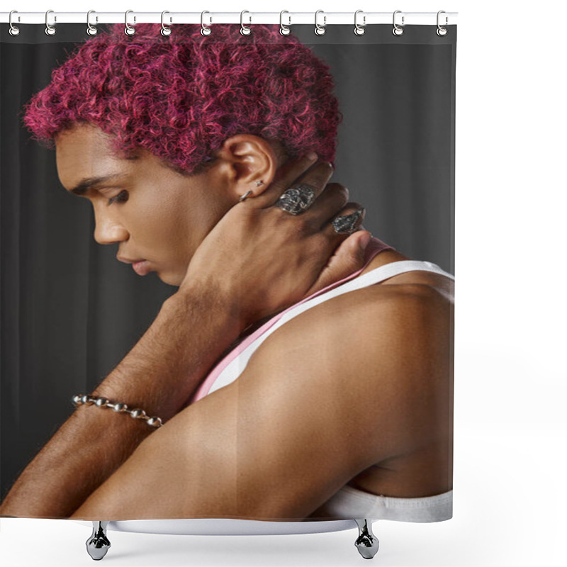 Personality  Portrait Of Handsome Pink Haired Man Posing In Profile Wearing Accessories, Fashion And Style Shower Curtains