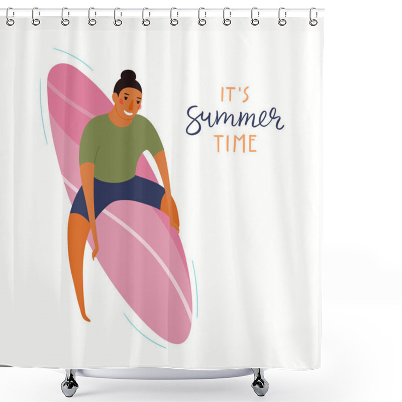 Personality  Hand Drawn Vector Illustration Of Happy Man Swimming On Surfboard With Lettering Quote Its Summer Time Isolated On White Background, Summer Poster  Shower Curtains