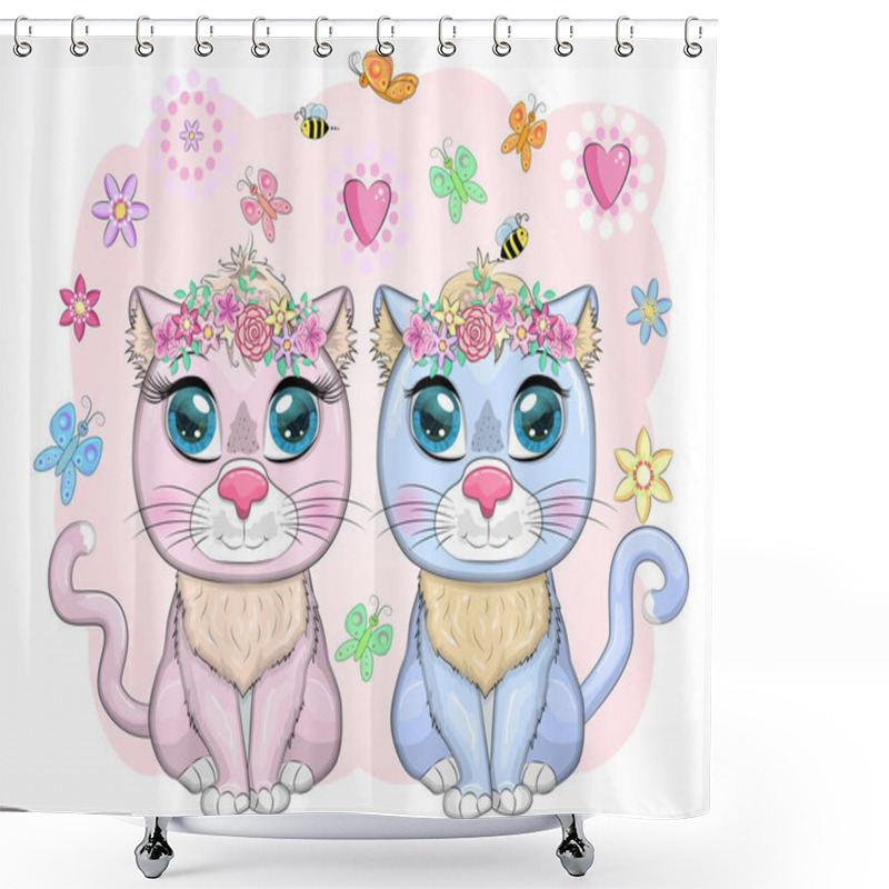 Personality  Cute Cartoon Blue And Pink Cat, Kitten On A Background Of Flowers Among Butterflies. Postcard Love, Valentine S Day Shower Curtains