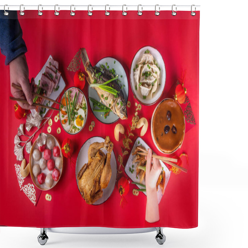 Personality  Traditional Chinese Lunar New Year Dinner Table, Party Invitation, Menu Background With Pork, Fried Fish, Chicken, Rice Balls, Dumplings, Fortune Cookie, Nian Gao Cake, Noodles, Chinese Decorations Shower Curtains