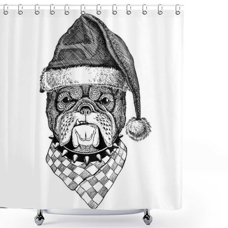 Personality  Dog, Bulldog Wearing Christmas Santa Claus Hat. Hand Drawn Image For Tattoo, Emblem, Badge, Logo, Patch Shower Curtains