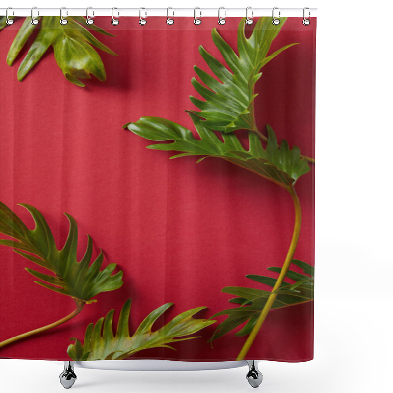 Personality  Top View Of Tropical Green Leaves On Red Background Shower Curtains