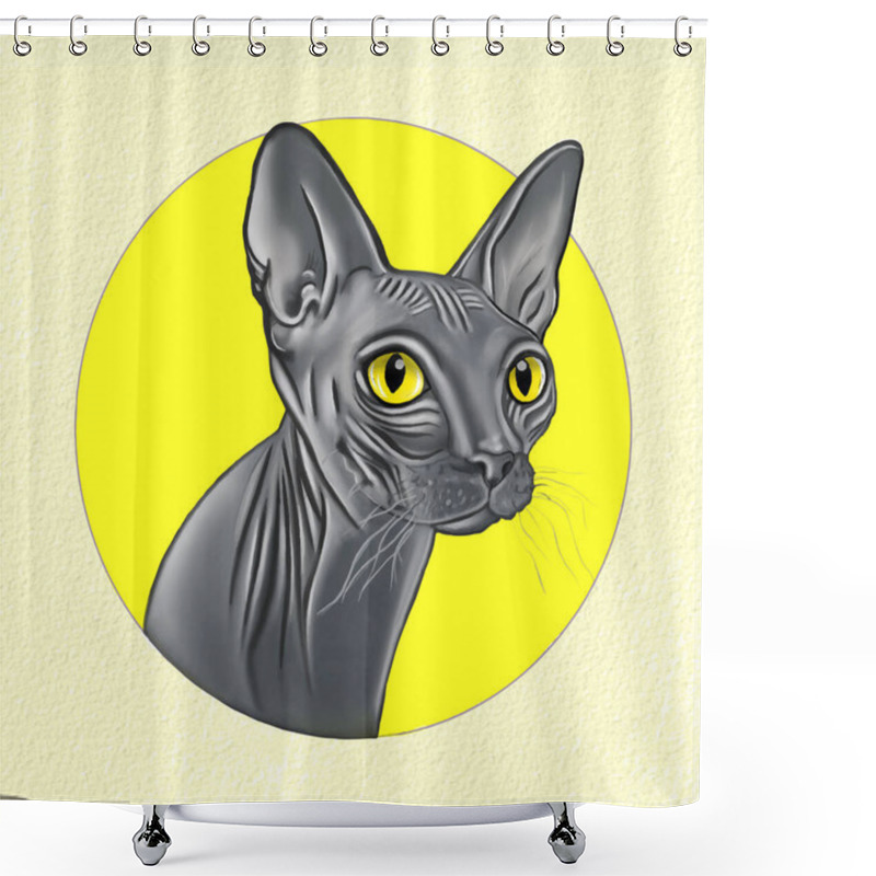 Personality  Vector Illustration Of A Portrait Of A Sphynx Cat In A Yellow Round Frame In A Watercolor Style On A Background Shower Curtains