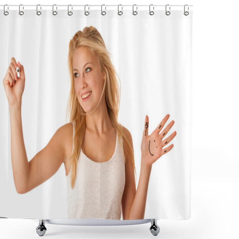 Personality  Young Blonde Business Woman With Blue Eyes, Writes On A Glass Ta Shower Curtains