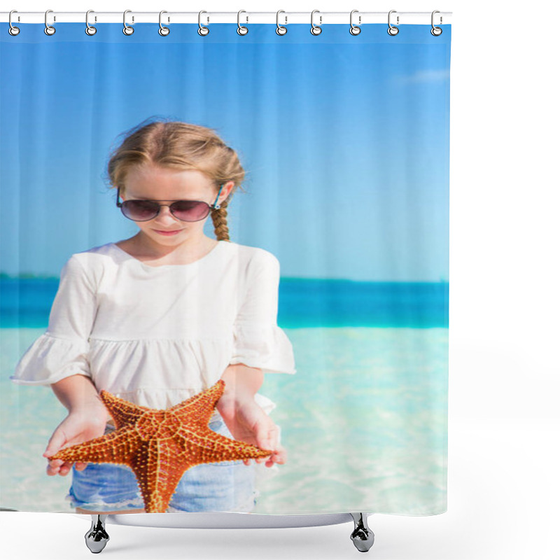 Personality  Adorable Little Girl With Starfish On White Empty Beach Shower Curtains