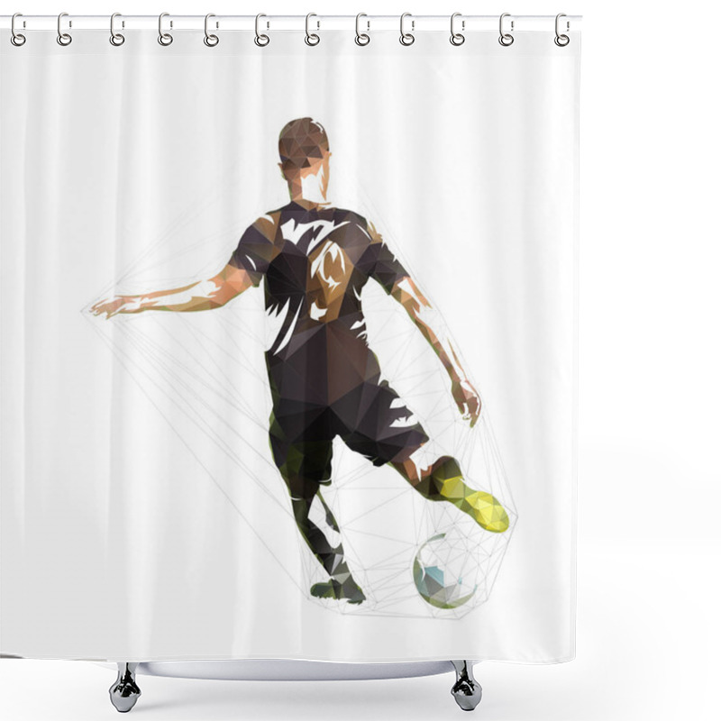 Personality  Football Player In Black Jersey Kicking Ball, Abstract Low Poly Vector Drawing. Soccer, Isolated Geometric Colorful Illustration Shower Curtains