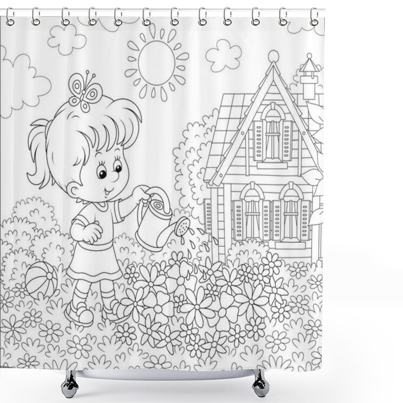 Personality  Smiling Little Girl Watering Flowers On A Flowerbed On A Lawn In Front Of Her House On A Sunny Summer Day, Black And White Vector Illustration In A Cartoon Style Shower Curtains