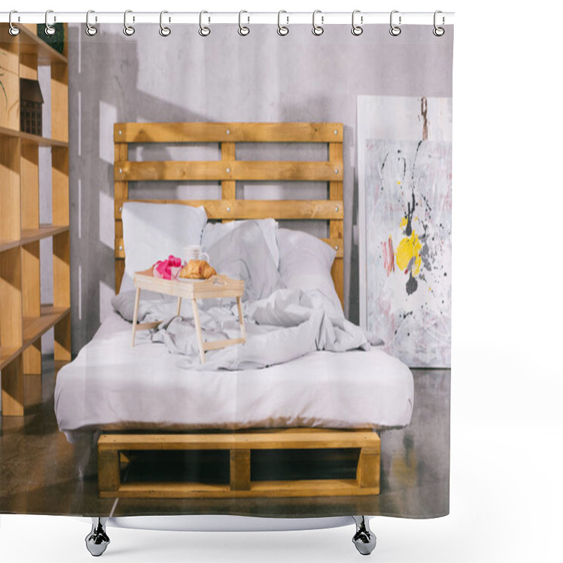 Personality  Tray With Breakfast And Present Box On Bed From Pallets Shower Curtains