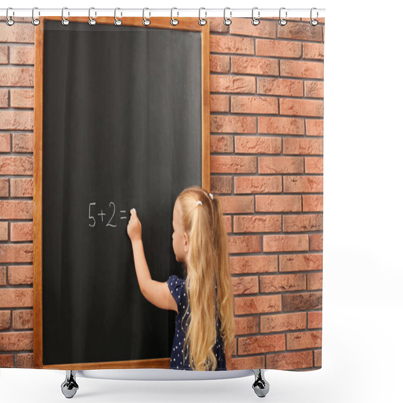 Personality  Cute Little Left-handed Girl Doing Sums On Chalkboard Near Brick Wall Shower Curtains