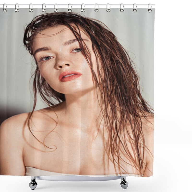 Personality  Beautiful Young Woman With Coral Lips And Wet Hair Looking At Camera On Grey Background Shower Curtains