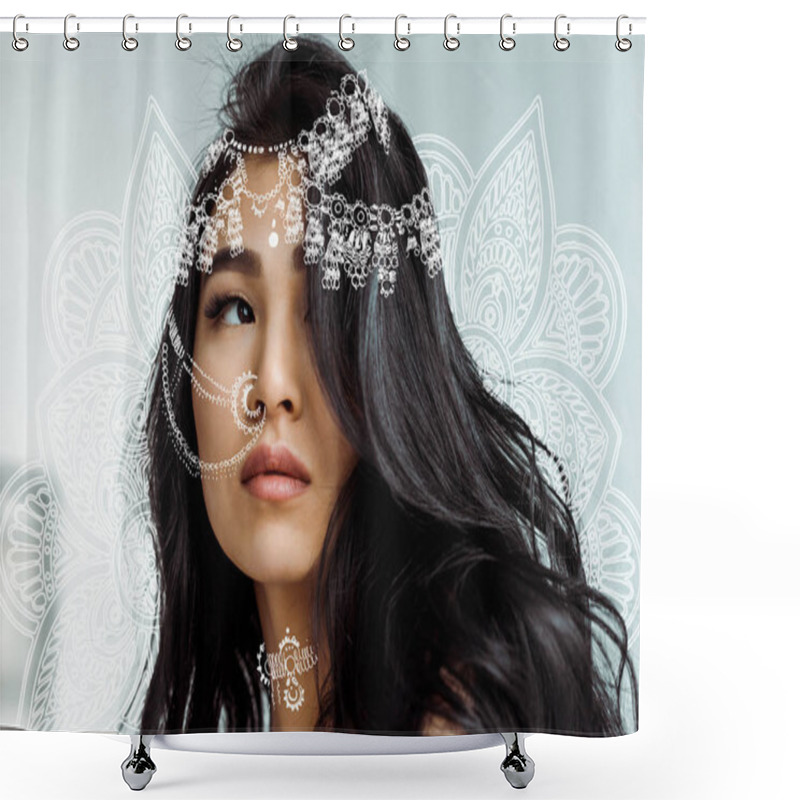 Personality  Attractive Brunette Thai Woman Near Mandala Floral Ornament  Shower Curtains