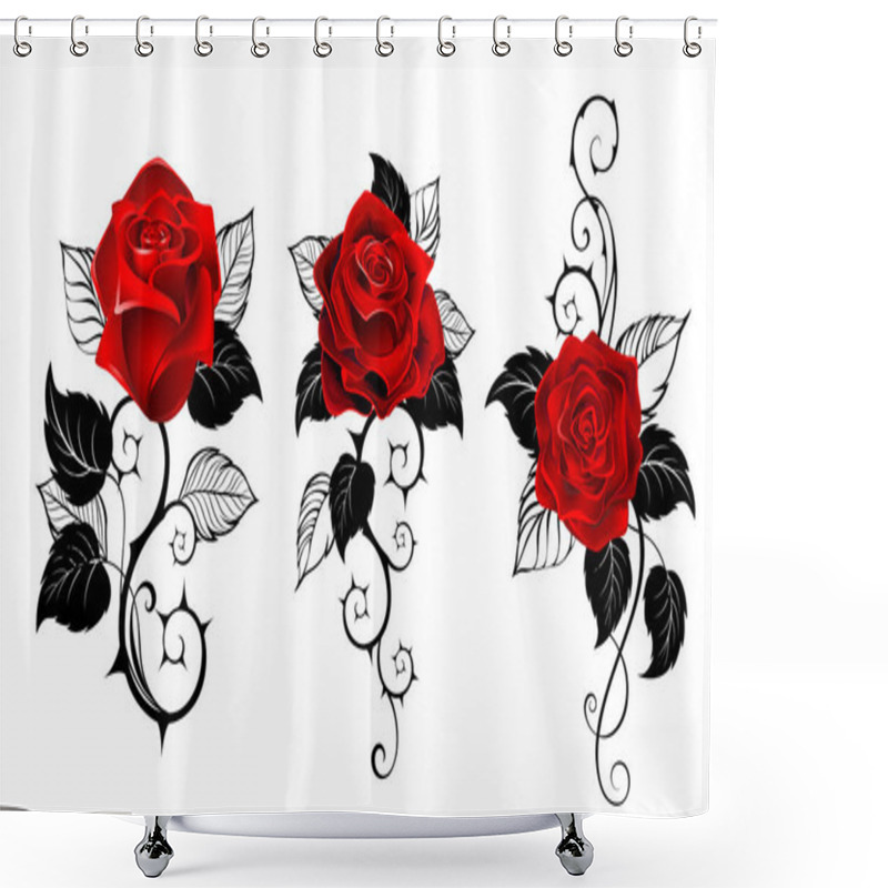 Personality  Three Artistically Painted Red Roses With Black Spiny Stems And Black Leaves On White Background. Tattoo Style. Shower Curtains