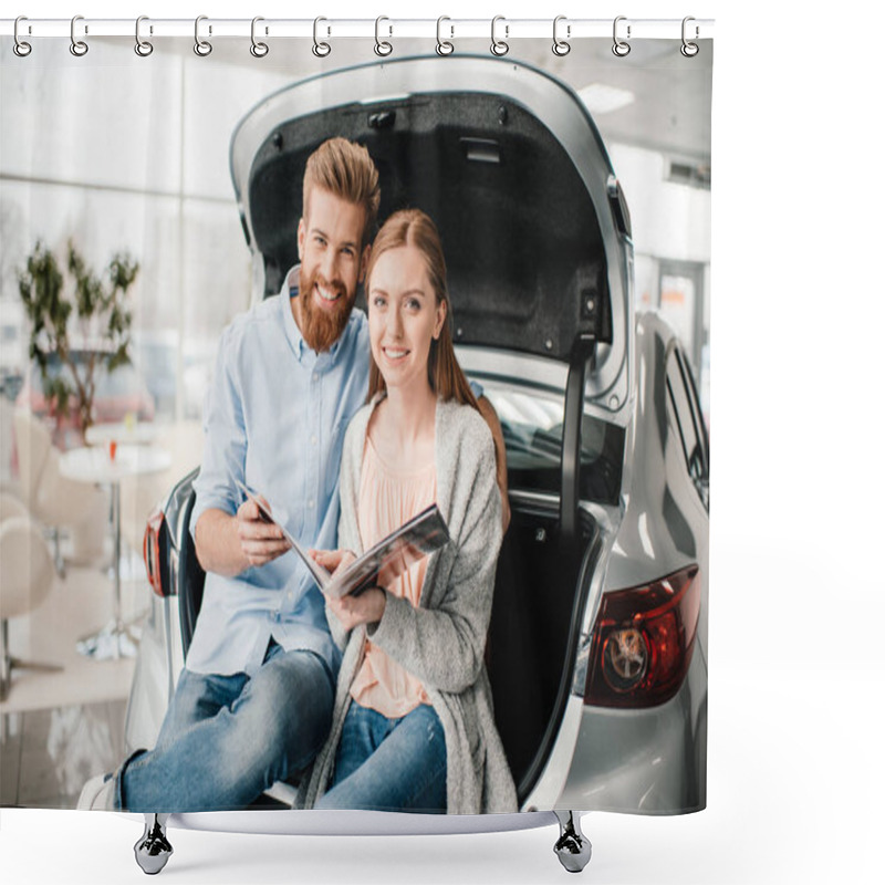 Personality  Couple With Catalog In Dealership Salon   Shower Curtains