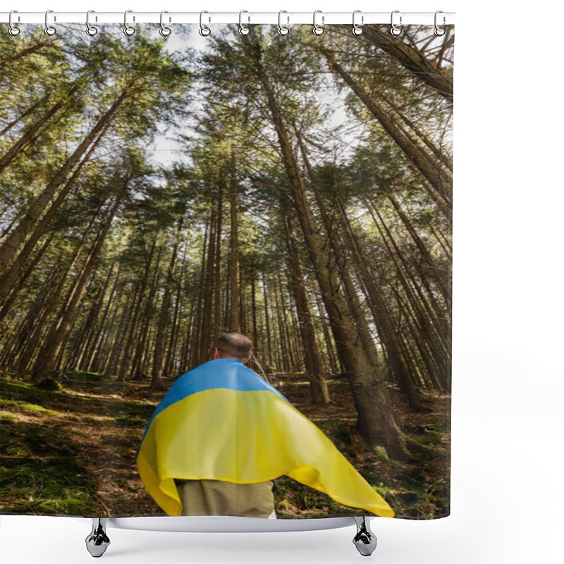 Personality  Back View Of Man With Ukrainian Flag Standing In Forest  Shower Curtains