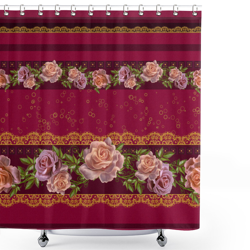 Personality  Horizontal Floral Border. Pattern, Seamless. Flower Arrangement, Pastel Roses, Gold Braiding, Lace, Dark Brown Velvet Background With Stripes. Shower Curtains