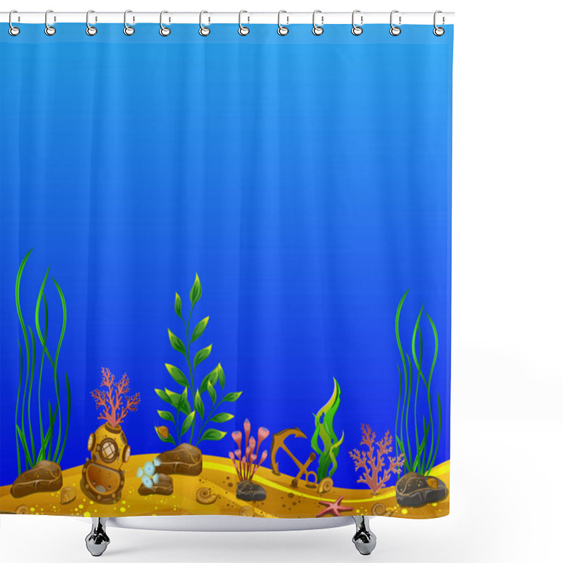 Personality  Underwater World. Background Image For Text. Sea Bottom, Plants, Anchor, Underwater Helmet. Shower Curtains