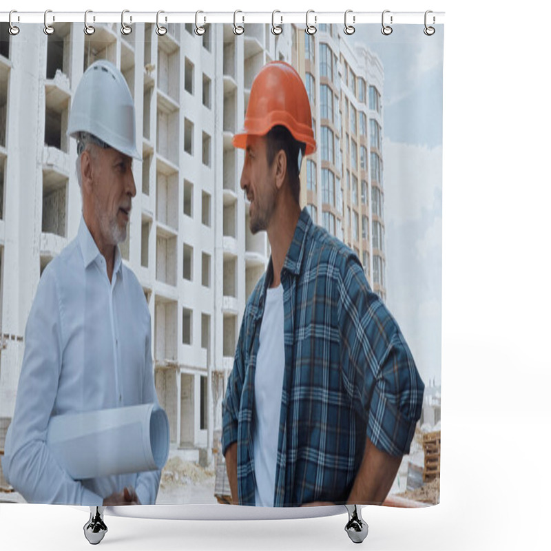 Personality  Engineer With Blueprints Talking With Happy Builder On Construction Site Shower Curtains