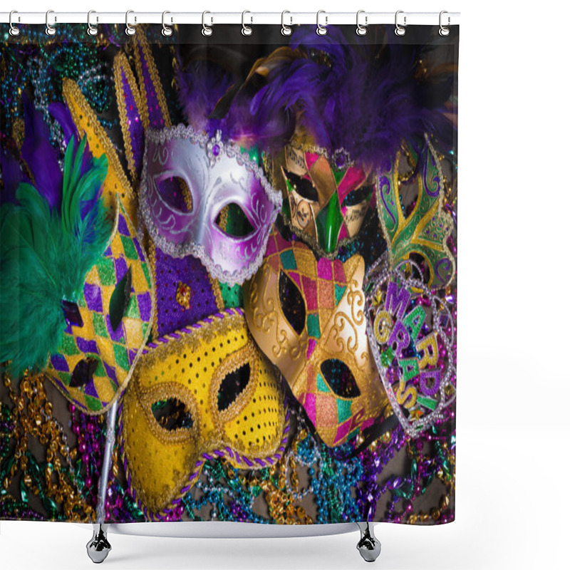 Personality  Group Of Mardi Gras Mask On Dark Background With Beads Shower Curtains