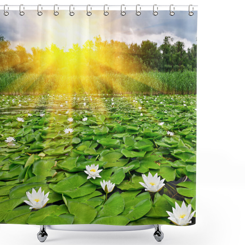 Personality  Sunrise Over A Spring Lake Shower Curtains