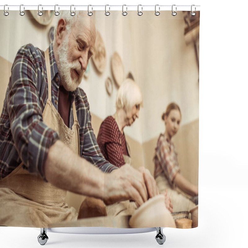 Personality  Grandmother And Grandfather With Granddaughter Making Pottery At Workshop Shower Curtains