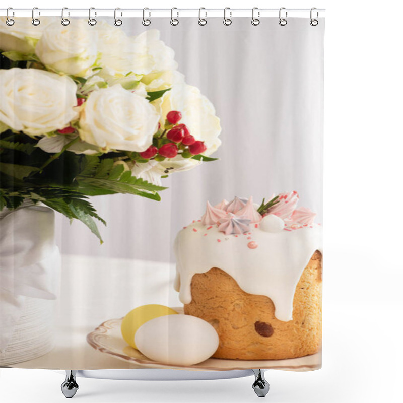 Personality  Festive Easter Cake Decorated With Meringue Near Painted Eggs On Plate And Vase Of Flowers Shower Curtains