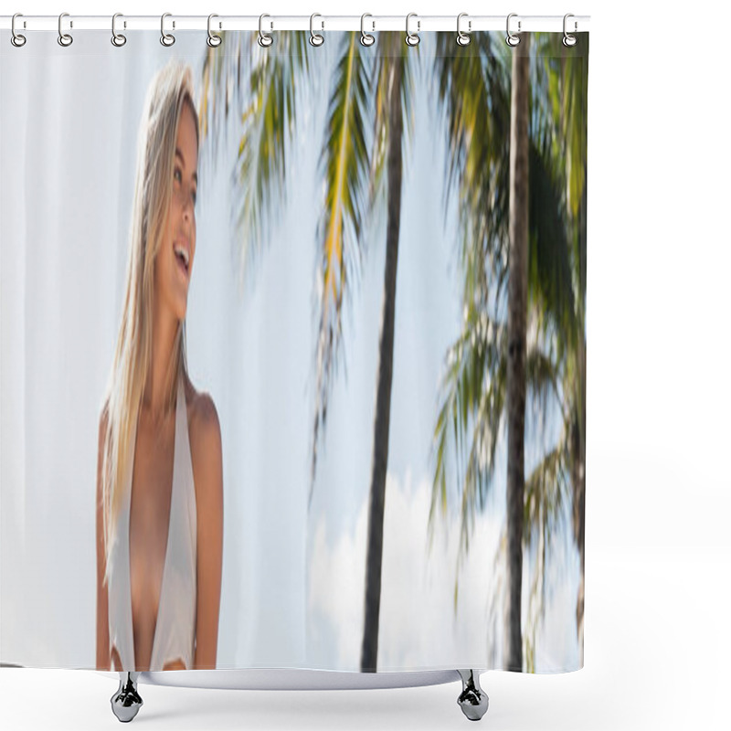 Personality  A Stunning Blonde Woman In A White Bikini Stands Gracefully Next To A Tall Palm Tree On A Sandy Miami Beach. Shower Curtains