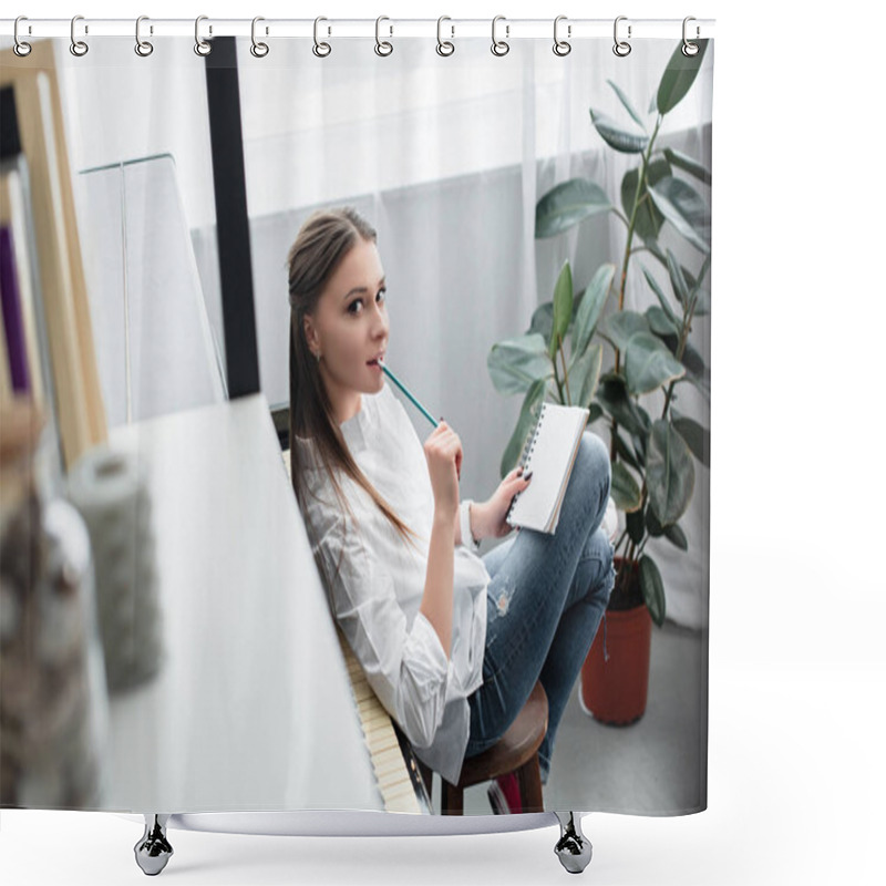 Personality  Beautiful Girl With Notebook Sitting Near Piano, Biting Pencil And Looking At Camera While Composing Music In Living Room Shower Curtains