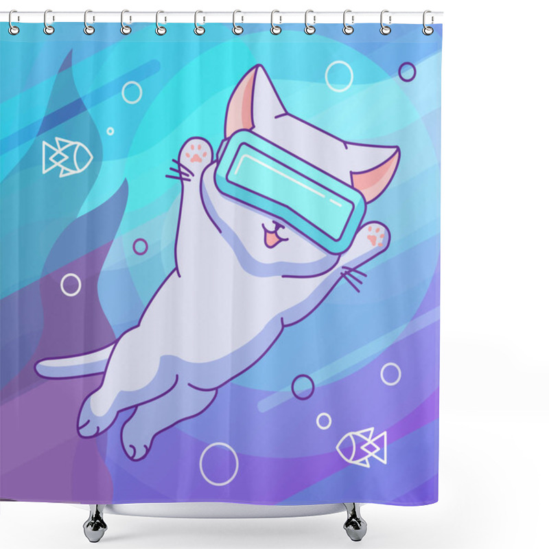 Personality  Funny Cat With VR Headset Swimming In Virtual Ocean. Vector Illustration, Cute Character In A Flat Linear Style. Vibrant Background. Design Concept For T-shirt, Notebook Cover Etc. Shower Curtains