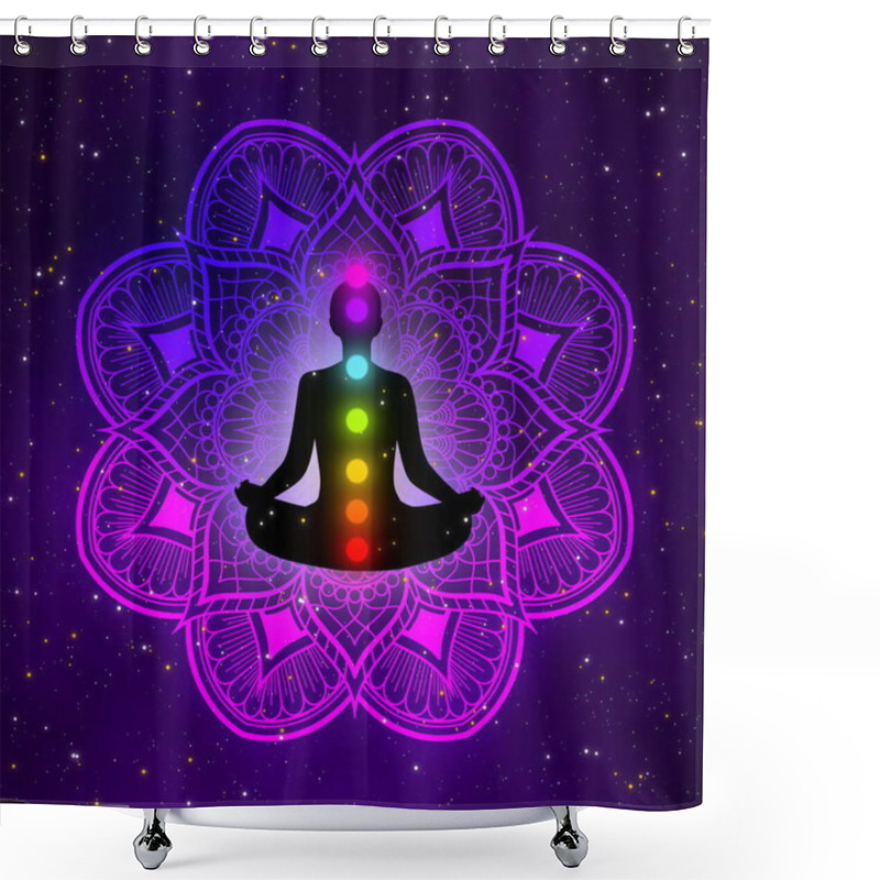 Personality  Silhouette Meditation Man With Mandala And Beautiful Galaxy Background. Shower Curtains